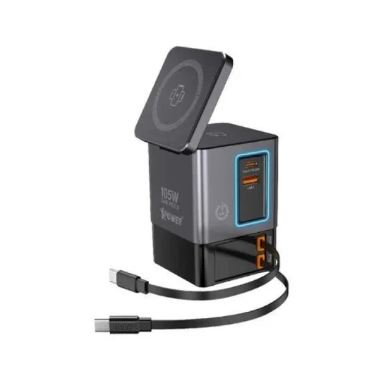 Xpower 105W Gan Magsafe Dual Cable Charging Tower - Grey
